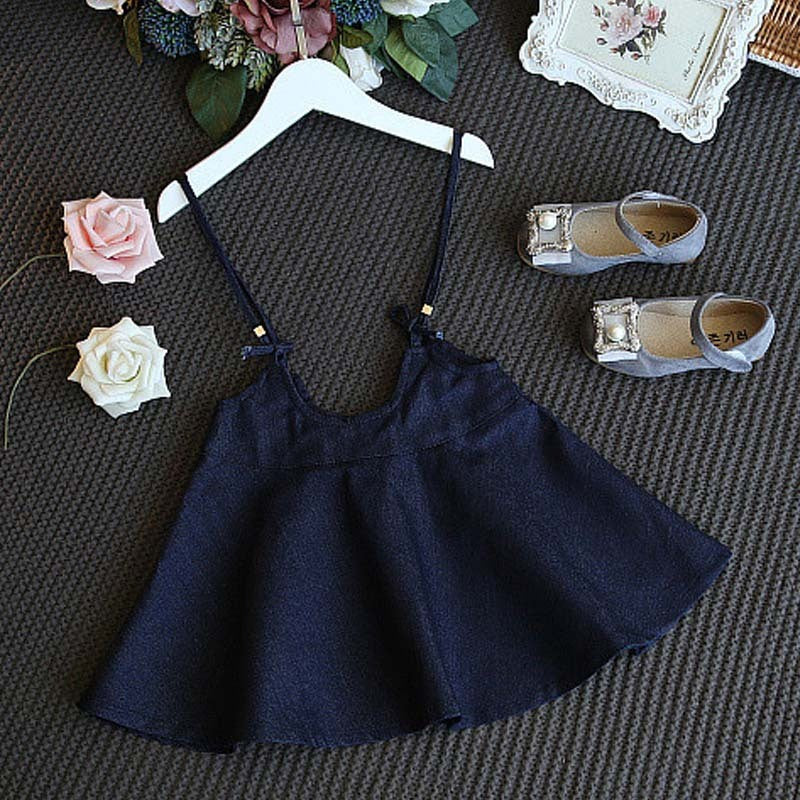 Nicola Girls Casual Striped  Short-Sleeved Denim Strap Dress