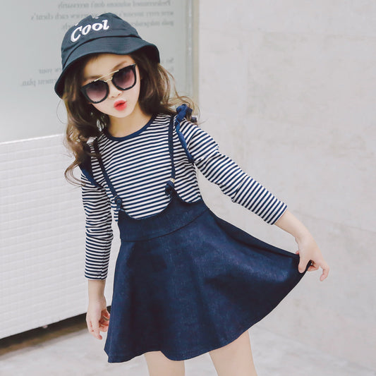 Nicola Girls Casual Striped  Short-Sleeved Denim Strap Dress