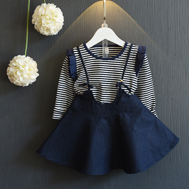 Nicola Girls Casual Striped  Short-Sleeved Denim Strap Dress